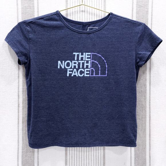 The North Face Shirt Girls Medium 10- 12 Extra Large Crop Top Blue Logo Spellout - Picture 1 of 4